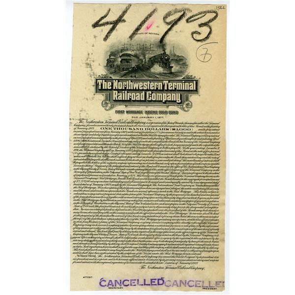 Nevada. Northwestern Terminal Railroad Co., 1927, Progress Proof Gold Coupon Bond.
