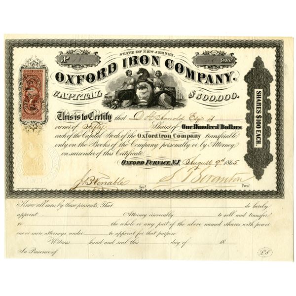 NJ. Oxford Iron Co., 1865, I/U Stock Certificate.
