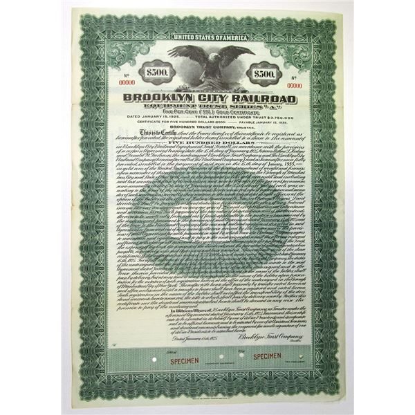 NY. Brooklyn City Railroad Equipment Trust, 1925, Specimen 5% Gold Coupon Bond.