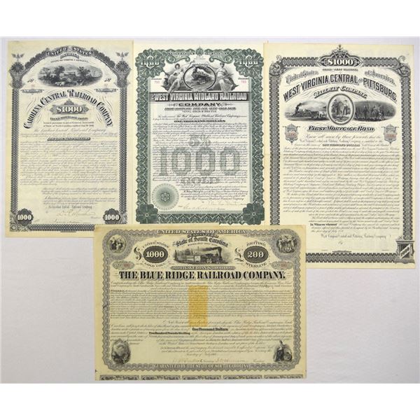 NC., SC., WV. Railroad Coupon Bond Quartet, 1869 to 1906.