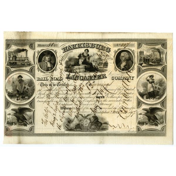PA. Harrisburg, Portsmouth, Mount Joy and Lancaster Rail Road Co., 1847, I/C Stock Certificate.