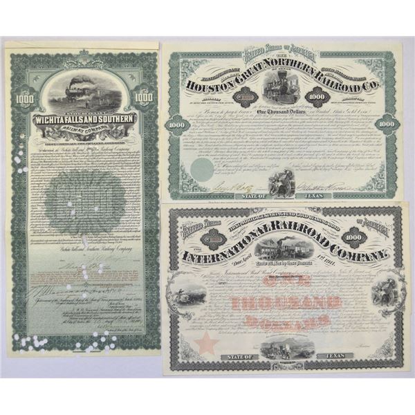 TX. Texas Railroad Coupon Bond Trio, ca., 1871 to 1908.