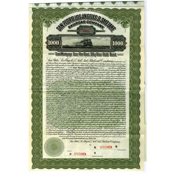 UT. San Pedro, Los Angeles & Salt Lake Railroad Co., 1911, Specimen Bond.