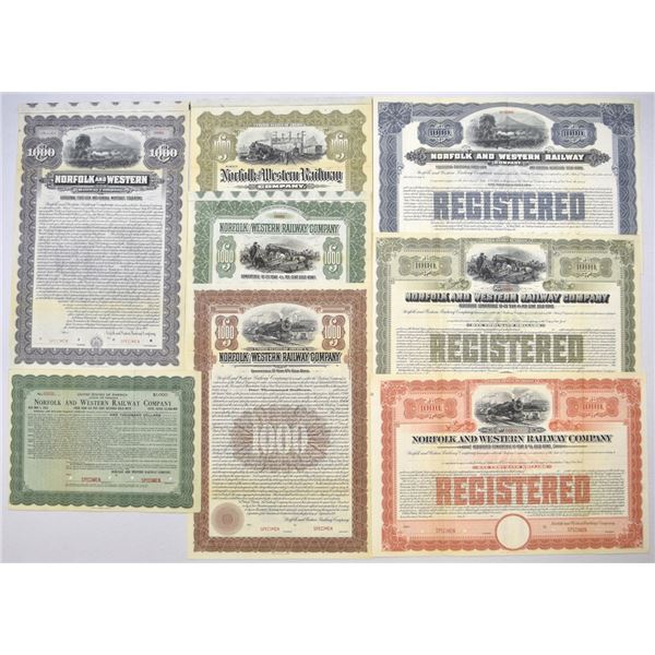 VA. Norfolk and Western Railway Co., 1904 to 1920, Coupon and Registered Specimen Bond Assortment.
