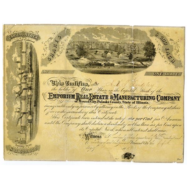 IL. Emporium Real Estate & Manufacturing Co., 1858, I/U Stock Certificate.