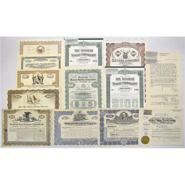 Masonic, Odd Fellows & Fraternal Organization Stock & Bond Assortment, 1890s to 1930s