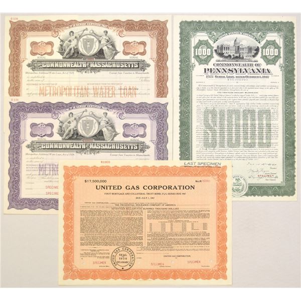Massachusetts, Pennsylvania & United Gas Corp., 1926 to 1947, Specimen Bond Quartet.