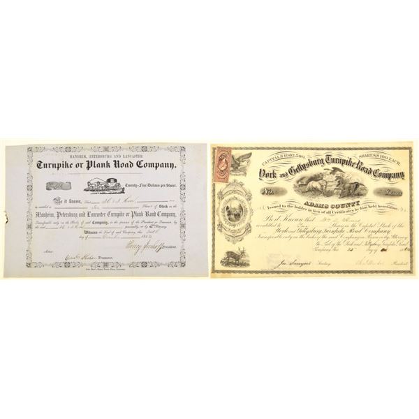 PA. Manheim, Petersburg and Lancaster Turnpike or Plank Road Co., 1852, I/U Stock Certificate.