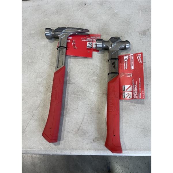 2 NEW MILWAUKEE HAMMERS -  24OZ STEEL BALL PEEN AND 22OZ MILLED FACE