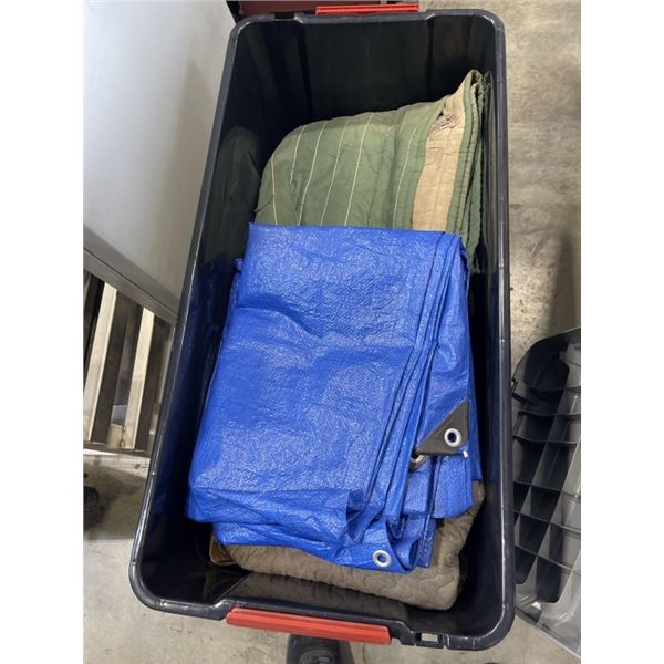 LARGE STOR-IT-ALL TOTE W/ LID FULL OF MOVING BLANKETS AND 2 CLEAN TARPS