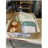 Image 1 : TRAY WITH ASSORTED SHOWER CURTAINS, CLOTHES PINS, SALMON FLAVOR CALMING FILLED CHEWS FOR CATS, STRAW