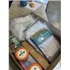 Image 4 : TRAY WITH ASSORTED SHOWER CURTAINS, CLOTHES PINS, SALMON FLAVOR CALMING FILLED CHEWS FOR CATS, STRAW
