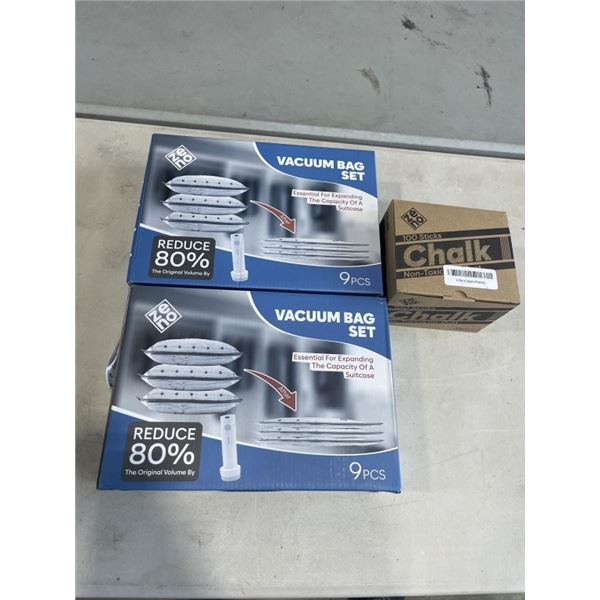 2 NEW ZENO VACUUM BAG SETS AND 100 STICKS OF CHALK