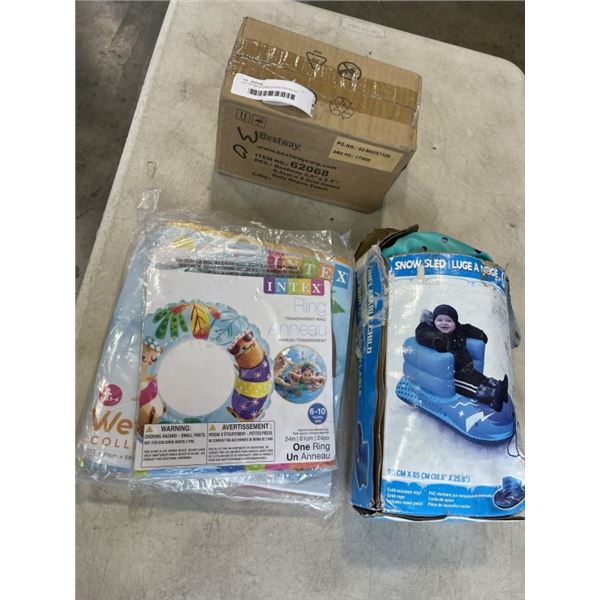 LOT OF INFLATEABLES AND REPAIR KIT - BABY POOL, TODDLER FLAOTY, KIDS TUBE AND SNOW SLED