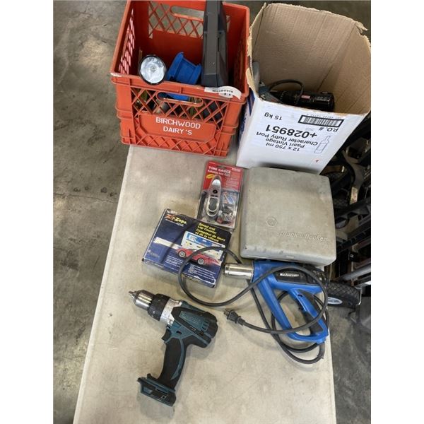 BOX AND TOTE OF ASSORTED POWER TOOLS