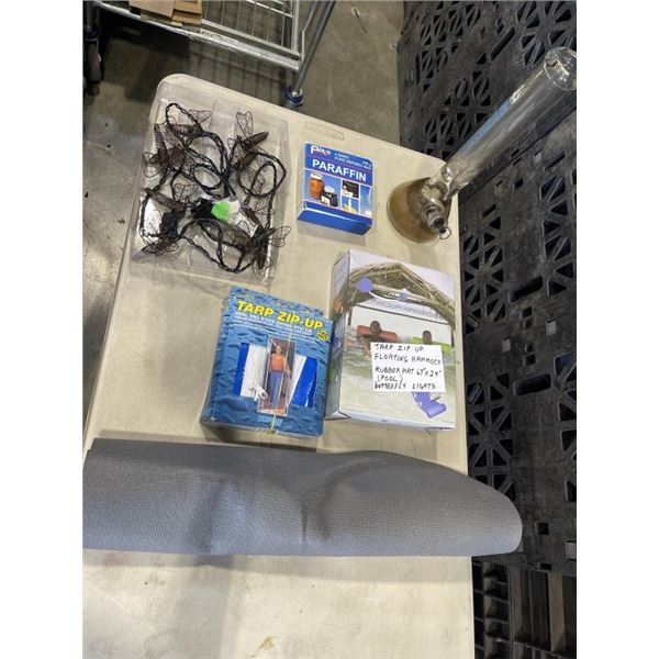 TRAY WITH WIRE GARDEN ORNAMENTS, AQUA HAMMOCK, PARAFFIN PURE REFINED WAX, AND TRAY OF 4 SOAKER HOSES
