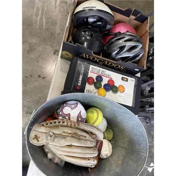 LOT OF SPORTS GEAR - HELMETS, BOCCE, BASEBALL GLOVES, ETC