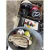 Image 1 : LOT OF SPORTS GEAR - HELMETS, BOCCE, BASEBALL GLOVES, ETC