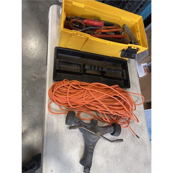 TOOL BOX W/ CONTENTS, BUNDLE OF ROPE, AND SPRINKLER HEAD