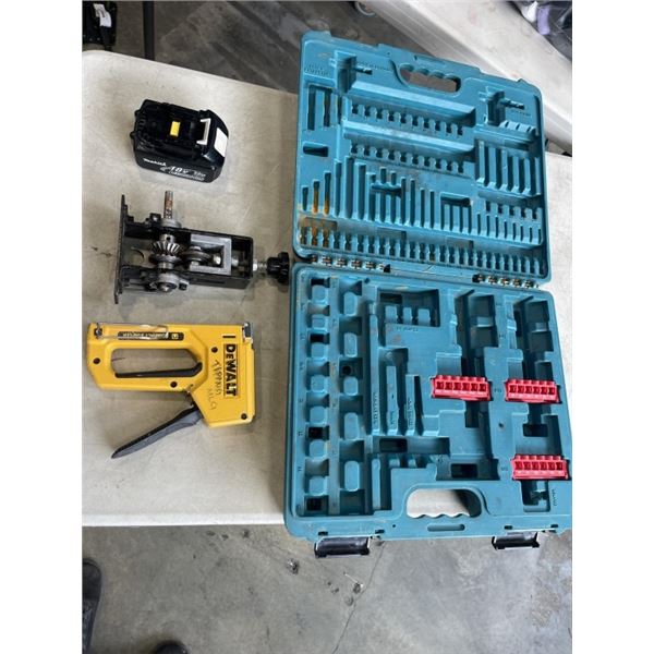 MANUAL WIRE STRIPPING MACHINE, DEWALT COMPACT STAPLER, MAKITA 18V LITHIUM ION BATTERY AND MAKITA HAR