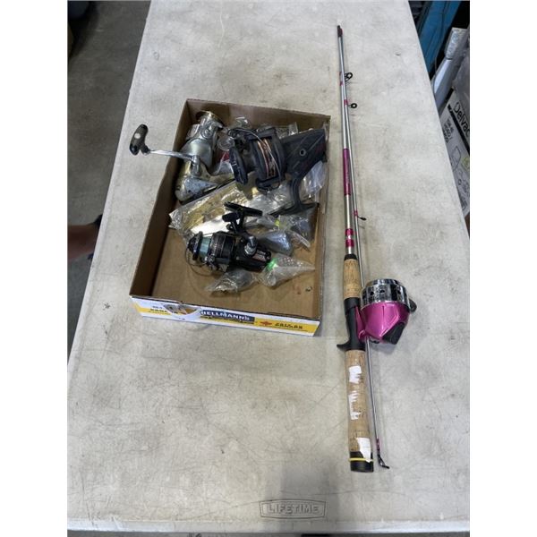 LOT OF FISHING REELS, RODS, AND FISHING GEAR