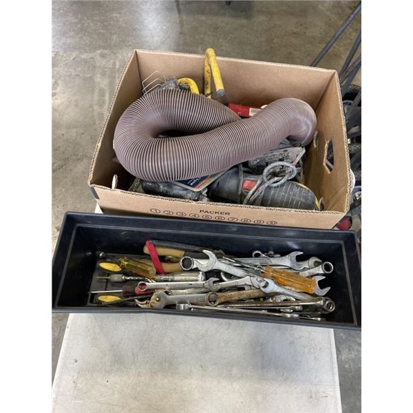 BOX AND BIN OF VARIOUS TOOLS