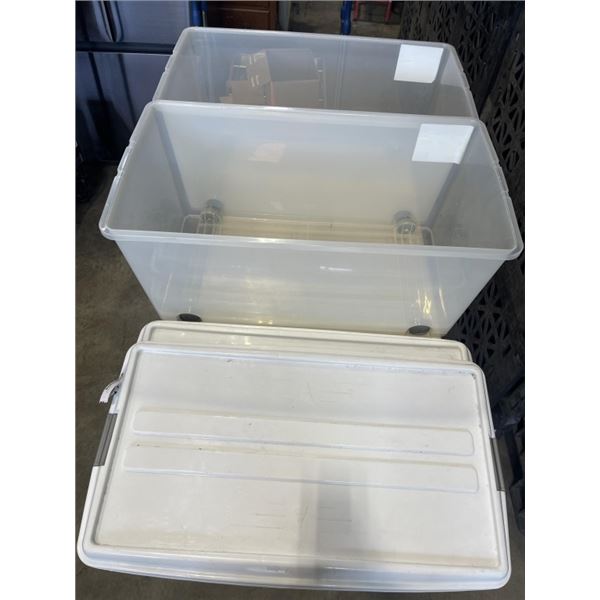 2 LARGE PLASTIC STORAGE TOTES WITH LIDS