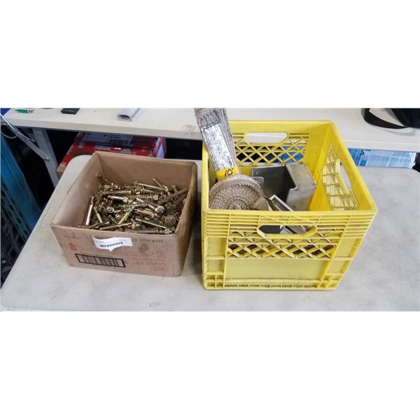 CRATE OF LIFTING STRAPS AND POST CAPS AND BOX OF ANCHORS