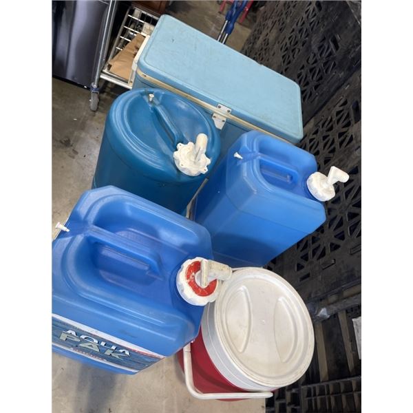 COLEMAN ICE CHEST AND 4 WATER JUGS