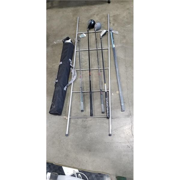 PULL DOWN ADVERTISEMENT, 4 GOLF CLUBS, TOWEL LADDER AND NEW 72" TENSION SHOWER ROD