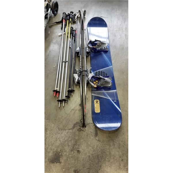 ZENTRIS 152 SNOWBOARD AND BLIZZARD SKIS AND 3 PAIRS OF SKIING POLES