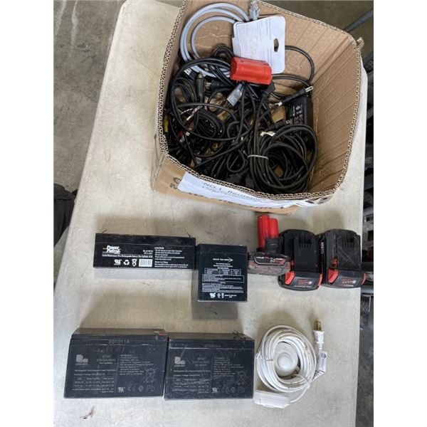 BOX OF 12-VOLT BATTERIES AND ELECTRICAL