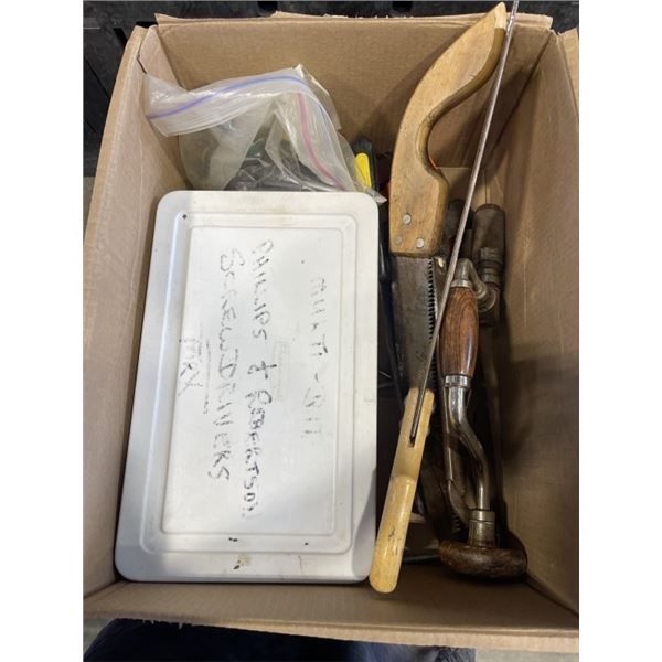 TRAY OF HAND SAWS AND SCREW DRIVERS