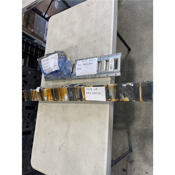 3 RATCHET TIE DOWNS (2" X 12") AND E TRACK RAILS FOR TRAILERS AND FOLD UP SAWHORSE