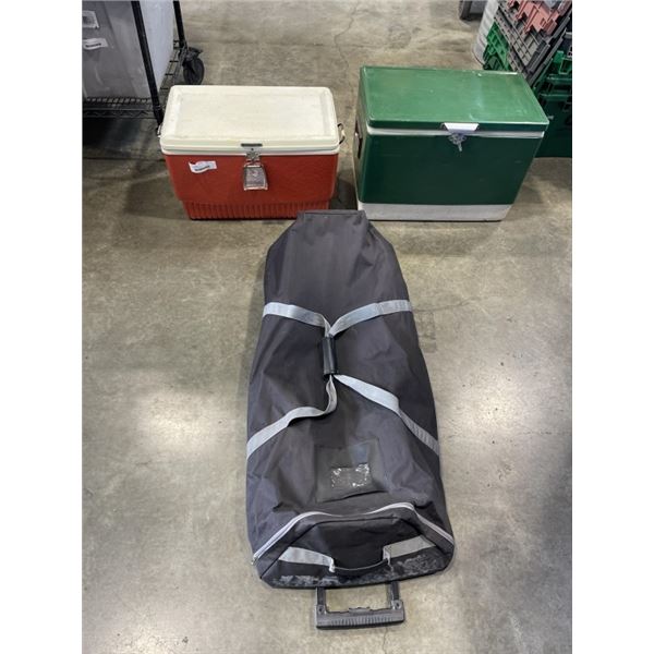 2 VINTAGE COOLERS AND ROLLING TRAVEL BAG
