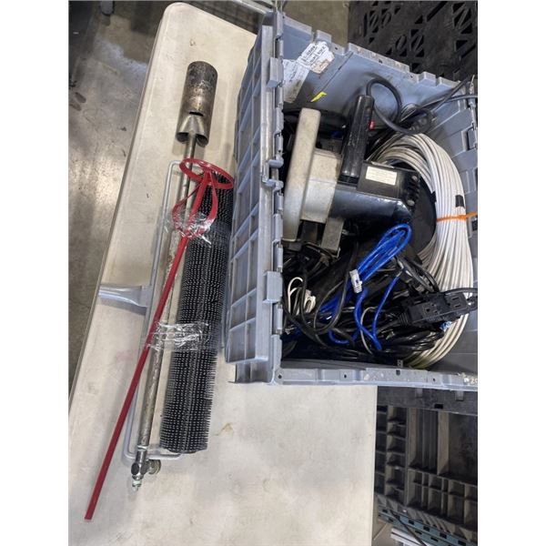 TOTE OF SURVEILLANCE CAMERA CABLE, SKILLSAW,  TORCH HEAD, ROLLER BRUSH AND MIXING PADDLE