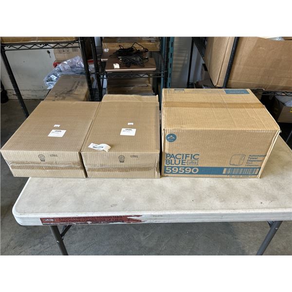 NEW AUTOMATED PAPER TOWEL DISPENSER AND 2 CONTAS TOILET PAPER DISPENSERS