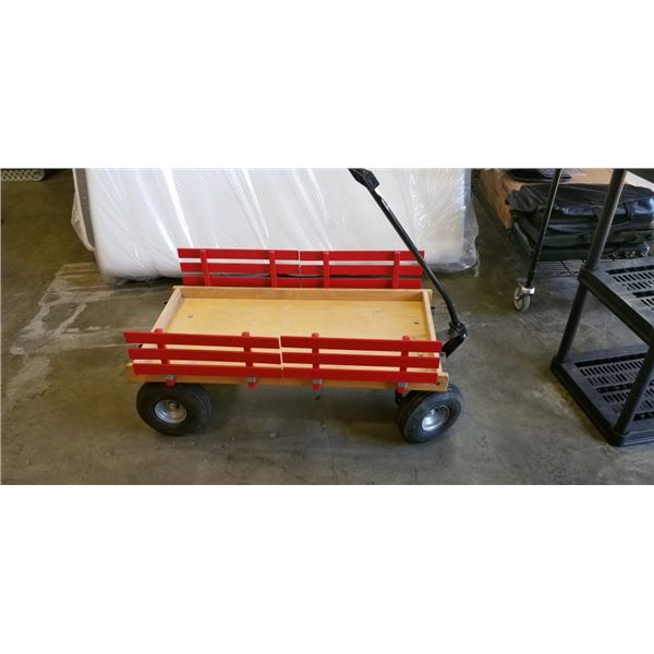 WOODEN WAGON WITH METAL HANDLE AND RED SIDE BOARDS