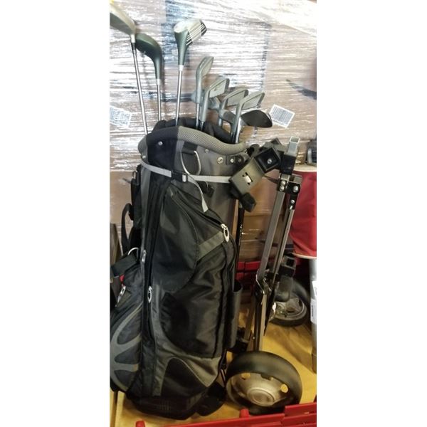 GOLF CLUBS IN BAG W/ CART, PLUS BALLS AND TEES