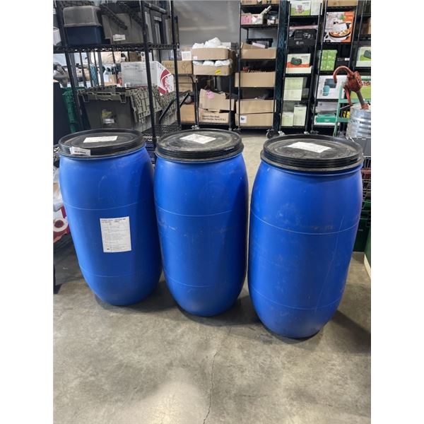 3 PLASTIC FOOD GRADE BARRELLS WITH LIDS