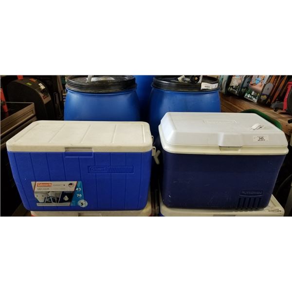 2 CHEST COOLERS. 1 FROM COLEMAN, 1 FROM RUBBERMAID