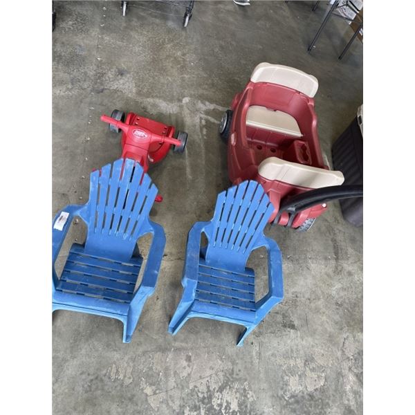 LITTLE TIKES WAGON, RADIO FLYER BIKE, AND 2 KIDS ADIRONDAK CHAIRS