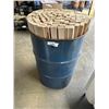 Image 1 : METAL BARRELL FULL OF HEMLOCK WOOD PIECES, 1" X 2" X 37" AND 1/4" X 2" X 37"