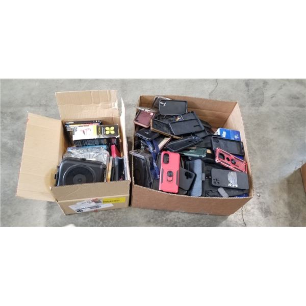 BOX OF PHONE CASES AND BOX OF DVDS