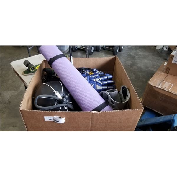 BOX OF SPORTING GOODS INCLUDING YOGA MAT, SELECT PUNCHING BAG, ICE SKATES, HOCKEY GLOVES