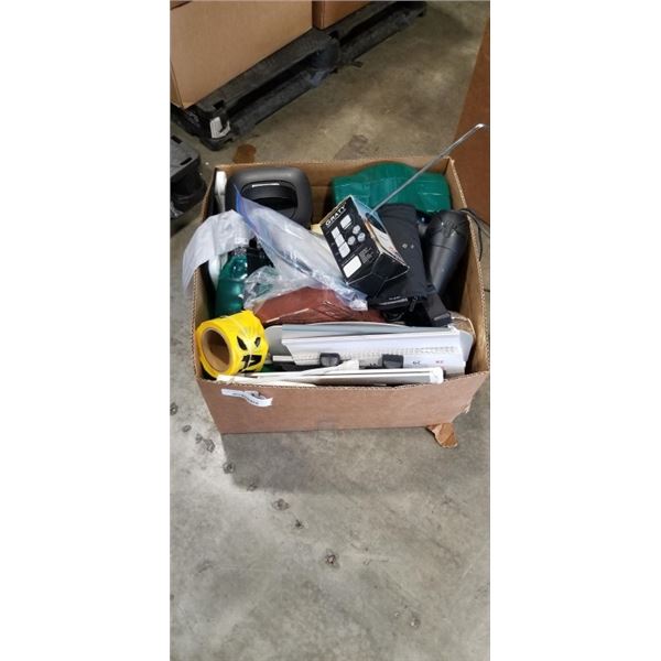 BOX OF ASSORTED HOUSEHOLD ITEMS INCLUDING FAN, GRATY CHEESE GRATER, PROFUSION HEATER