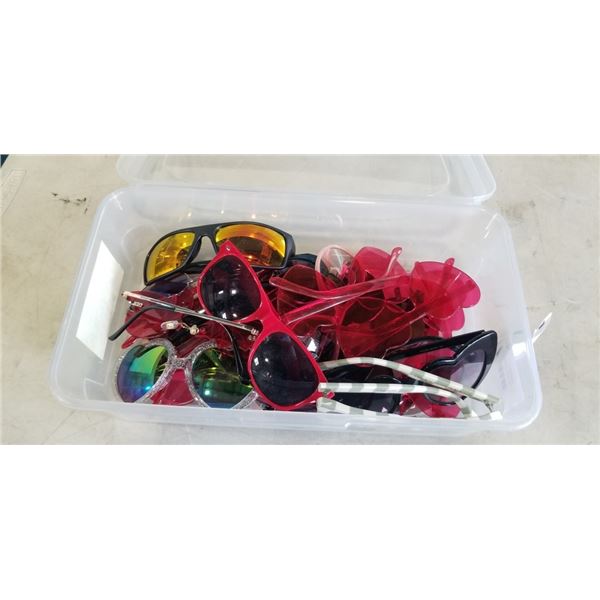 PLASTIC TOTE WITH APPROX 15 PAIRS SUNGLASSES