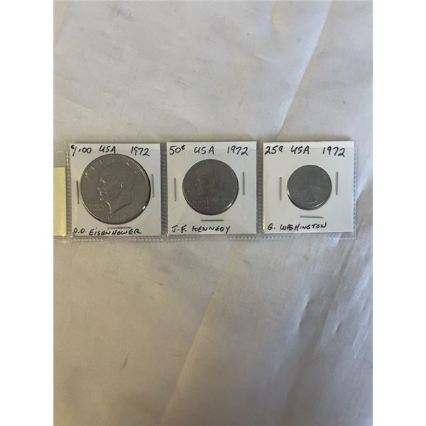 3 1972 USA COINS $1 EISENHOWER, 50 CENT JFK, 25 CENT WASHINGTON