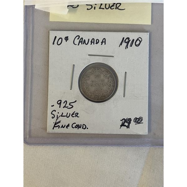 1910 CANADIAN SILVER 10 CENT LAST KING EDWARD VII COIN