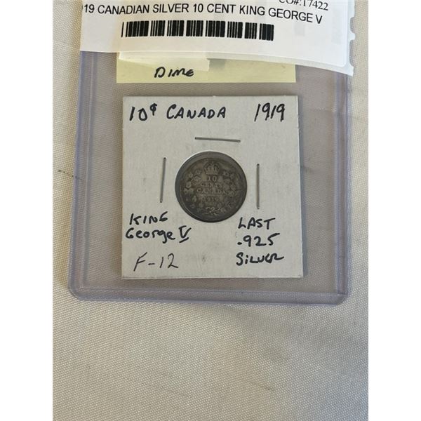 1919 CANADIAN SILVER 10 CENT KING GEORGE V LAST 925 SILVER DIME